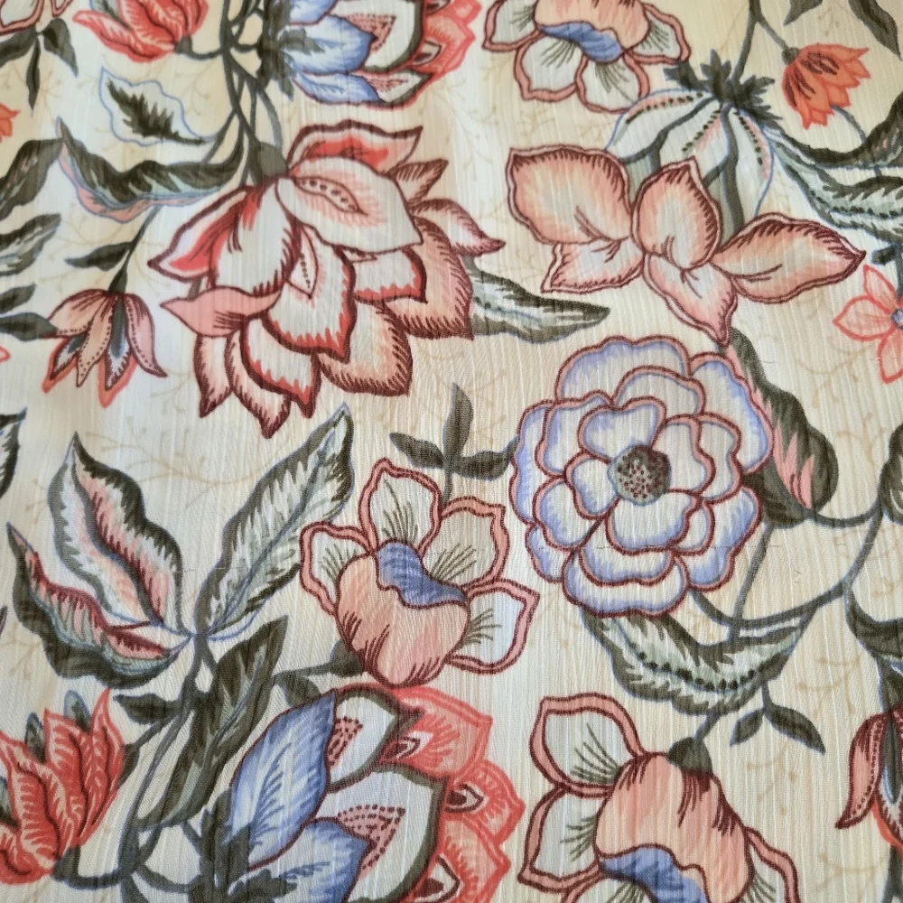 LOFT Puff Sleeve Floral Babydoll Blouse Size S Colorful Ruffle Neck Gardencore